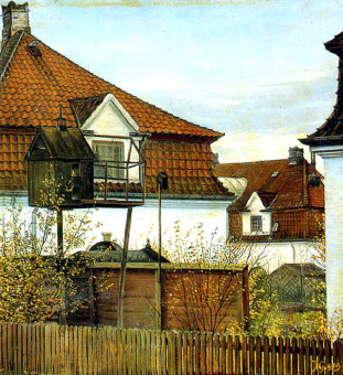 Maleri af huse fra kvarteret, udført af Joseph Giesel, (olie på lærred, 65 x 60 cm). Her kan de oprindelige tagsten tydeligt ses og tælles.